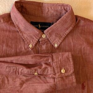 Ralph Lauren Chambray Shirt Mens XL Maroon Slim Fit LSBD Polo Pony Preppy EUC